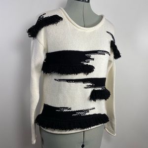 Anthropologie Tracy Reese Plenty Fringe Pullover Sweater Black White Ivory Small